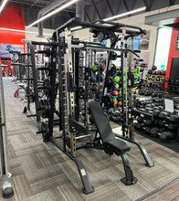 Load image into Gallery viewer, Primetime Smith Machine Half Cage Ensemble with 200lb weight stack and X5 Bench (PT-SHCE-300) Side View