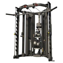 Load image into Gallery viewer, Hoist H8 Functional Trainer corner design, angled side view showing weight stacks and plate storage
